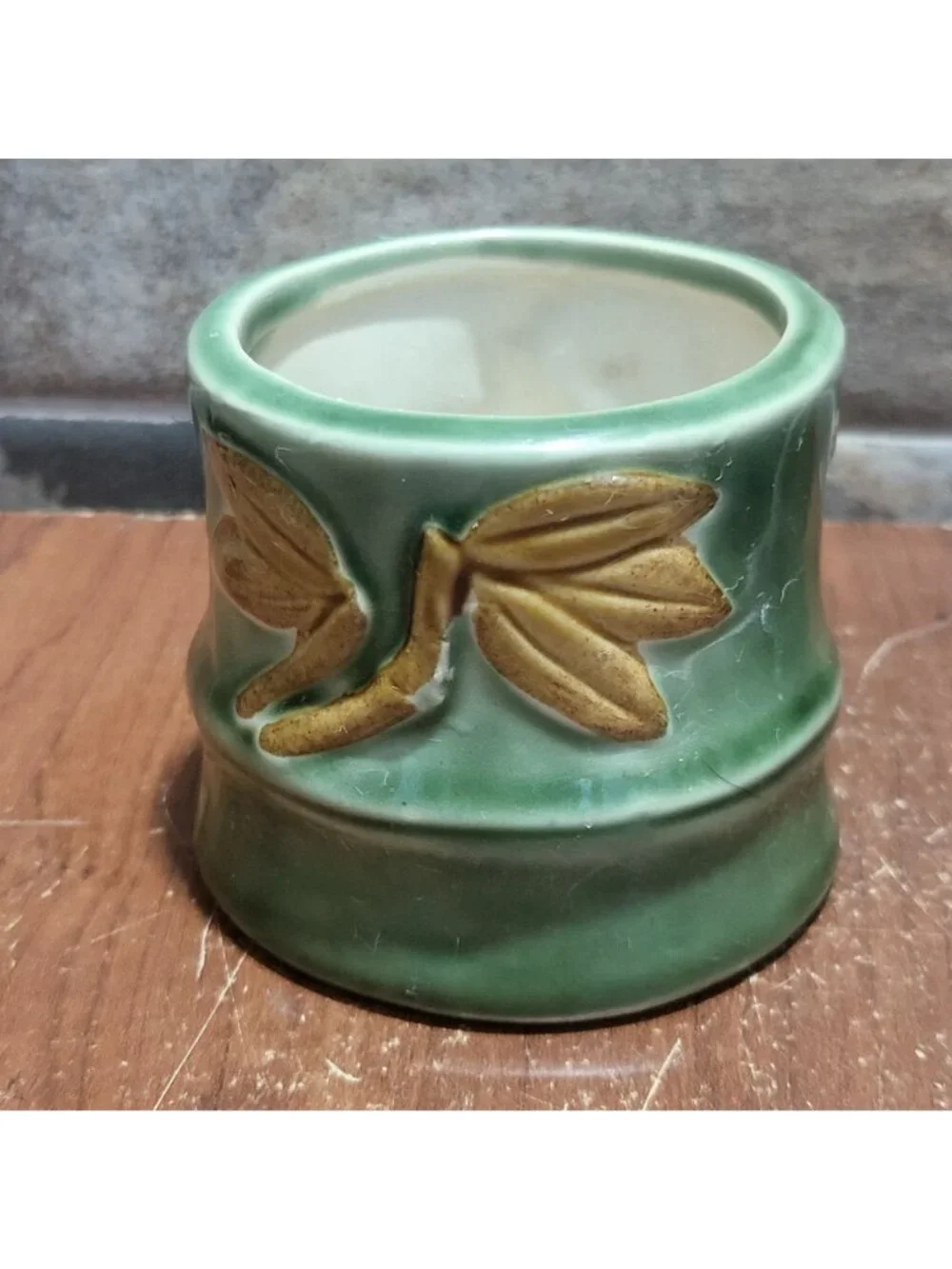 Vintage Majolica Green Ceramic Elephant Trunk Up Planter Pot Mid Century Decor